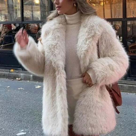 Solid Faux Fur Coat Loose Casual Long Sleeve Lapel Jacket